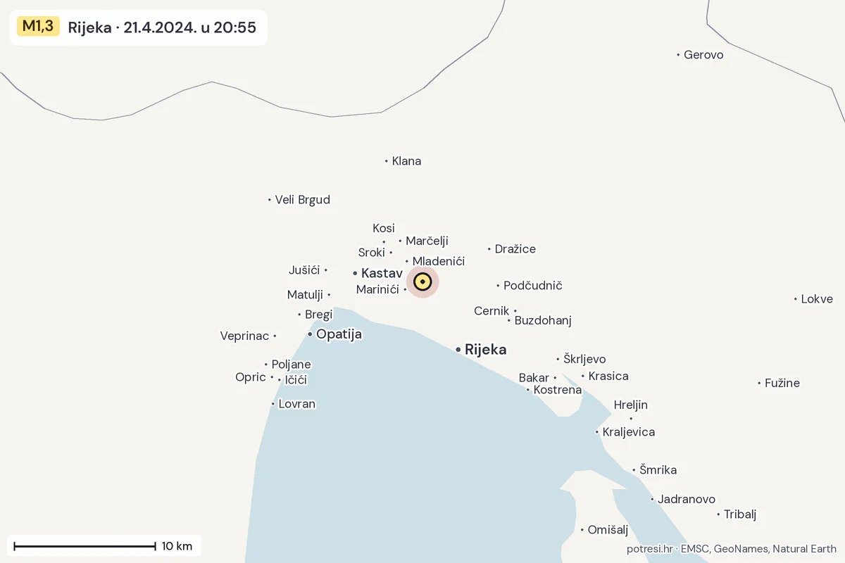 Karta: okolica epicentra, 60 km, potres M1,3, Rijeka, 21.4.2024.