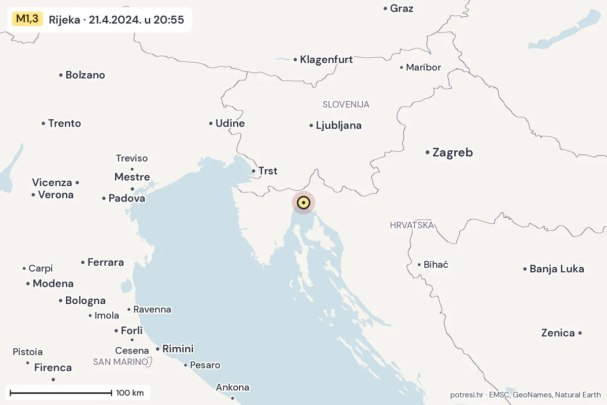 Karta: šire područje, 600 km, potres M1,3, Rijeka, 21.4.2024.