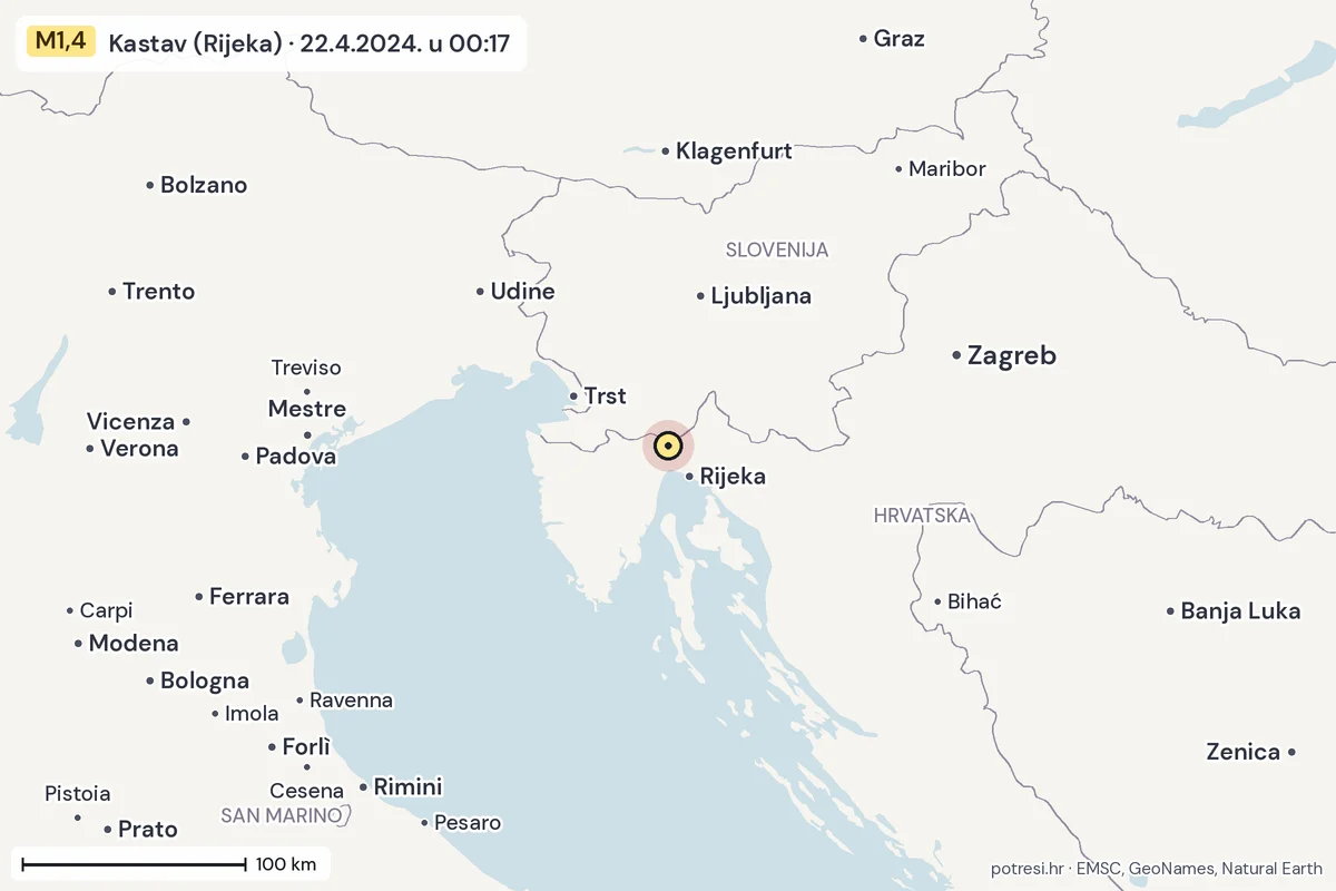 Karta: šire područje, 600 km, potres M1,4, Kastav (Rijeka), 22.4.2024.