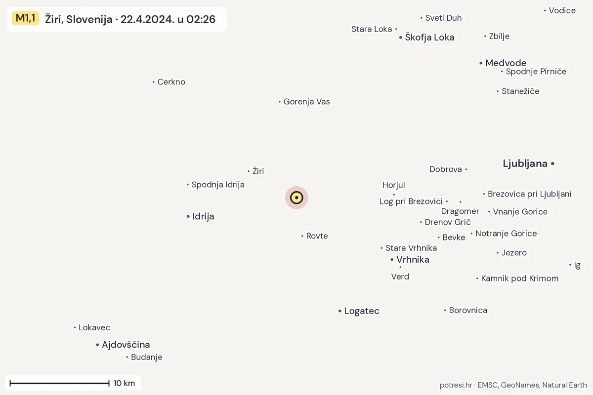 Karta: okolica epicentra, 60 km, potres M1,1, Žiri, Slovenija, 22.4.2024.