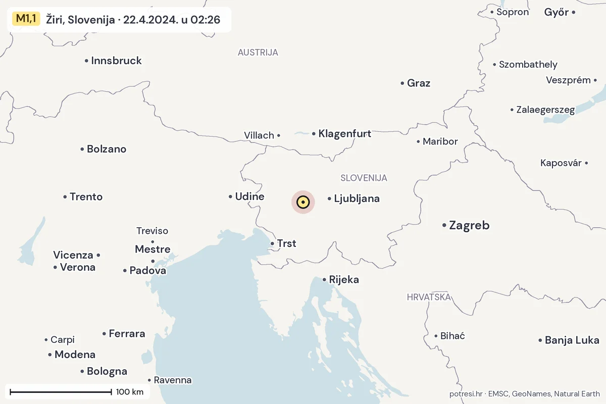 Karta: šire područje, 600 km, potres M1,1, Žiri, Slovenija, 22.4.2024.