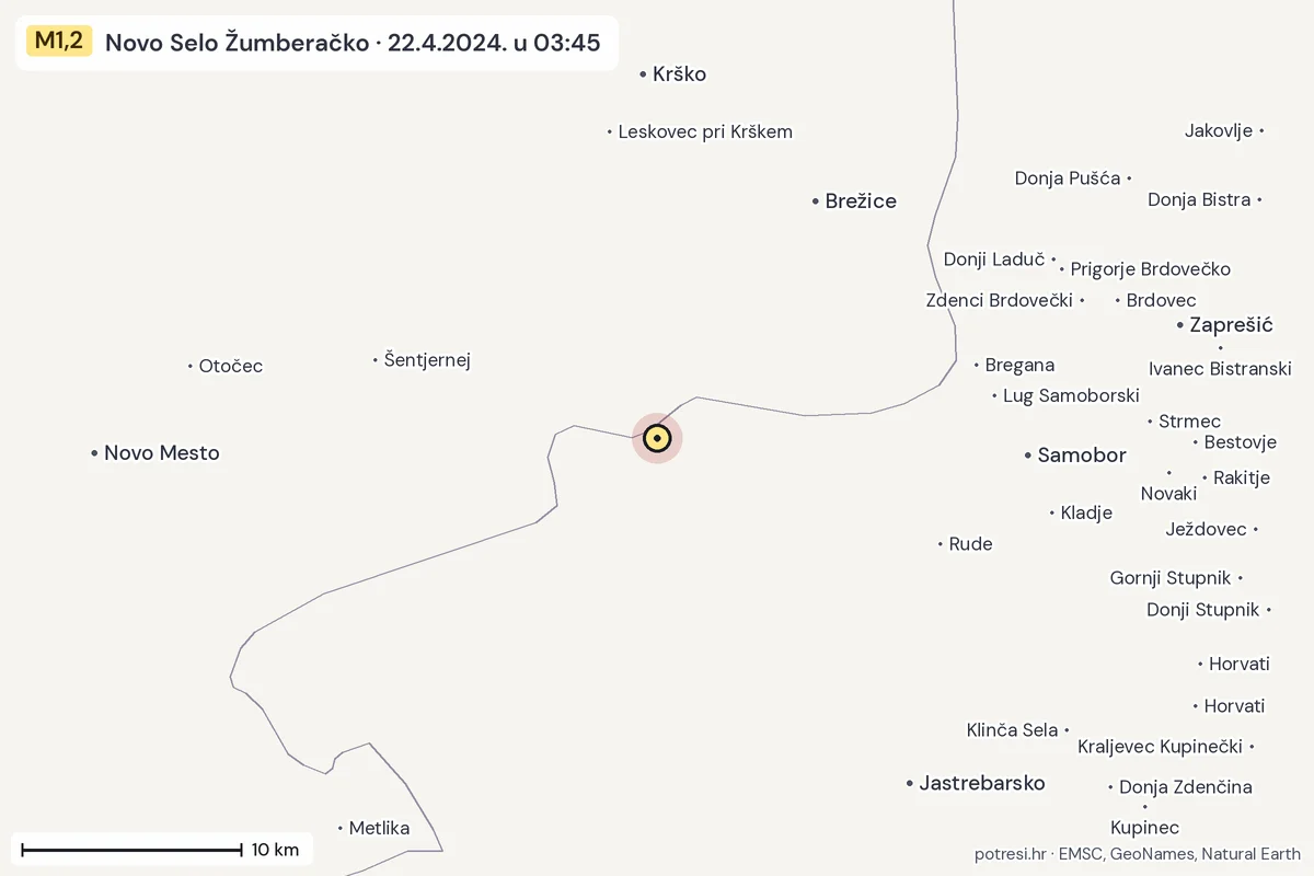 Karta: okolica epicentra, 60 km, potres M1,2, Novo Selo Žumberačko, 22.4.2024.