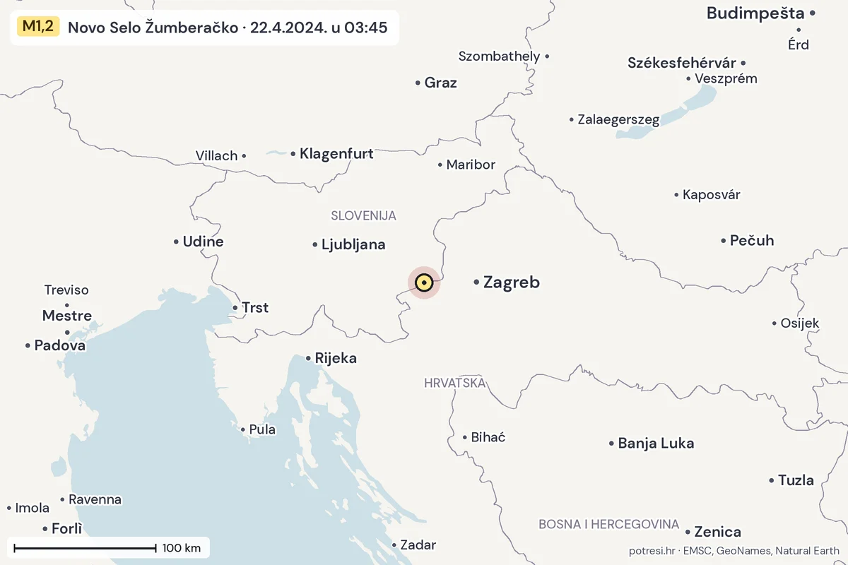 Karta: šire područje, 600 km, potres M1,2, Novo Selo Žumberačko, 22.4.2024.