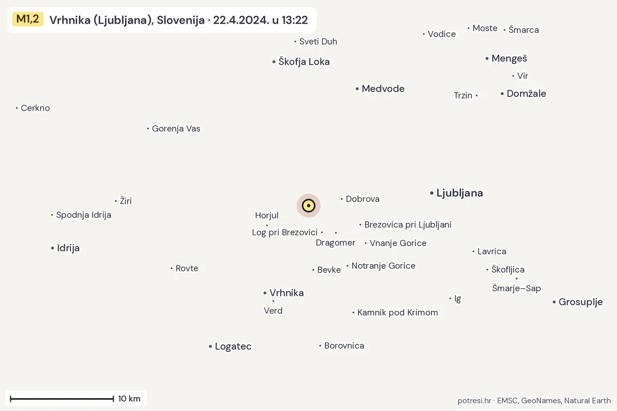 Karta: okolica epicentra, 60 km, potres M1,2, Vrhnika (Ljubljana), Slovenija, 22.4.2024.