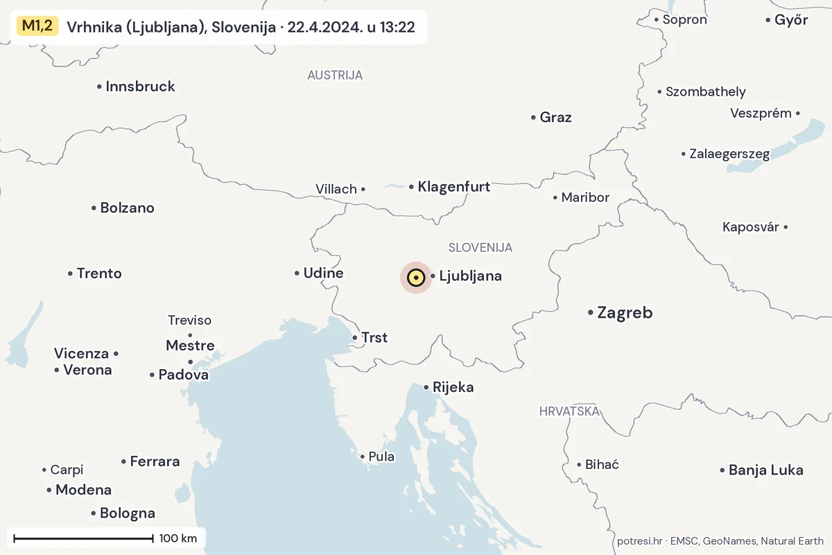 Karta: šire područje, 600 km, potres M1,2, Vrhnika (Ljubljana), Slovenija, 22.4.2024.