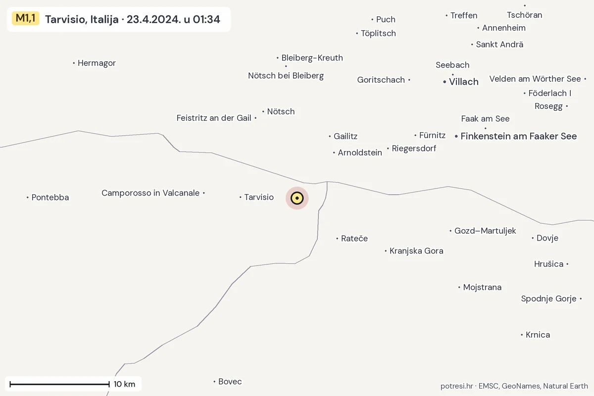 Karta: okolica epicentra, 60 km, potres M1,1, Tarvisio, Italija, 23.4.2024.
