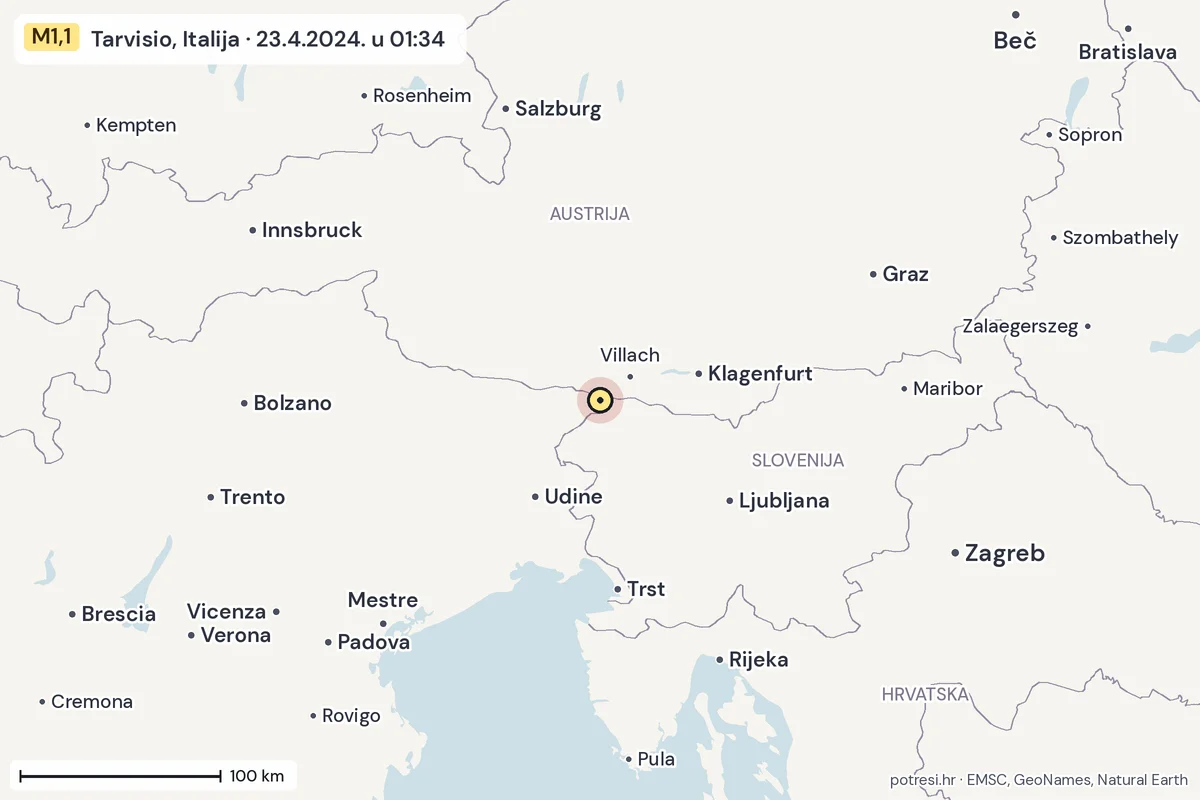 Karta: šire područje, 600 km, potres M1,1, Tarvisio, Italija, 23.4.2024.