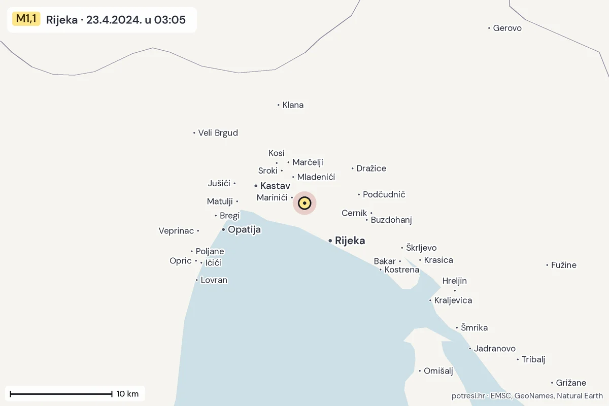 Karta: okolica epicentra, 60 km, potres M1,1, Rijeka, 23.4.2024.