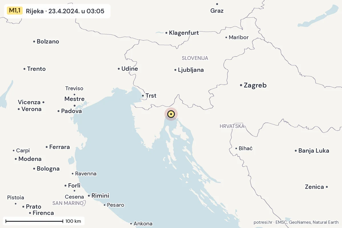 Karta: šire područje, 600 km, potres M1,1, Rijeka, 23.4.2024.