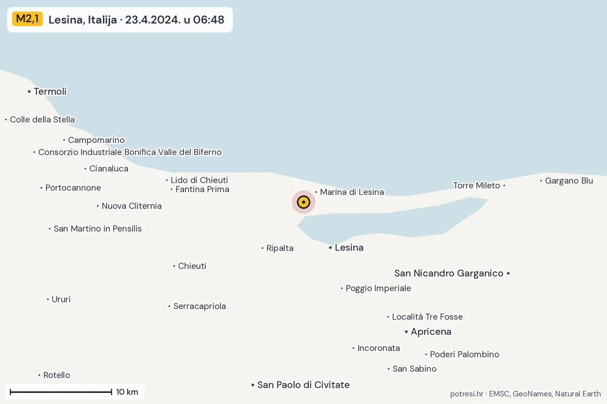 Karta: okolica epicentra, 60 km, potres M2,1, Lesina, Italija, 23.4.2024.