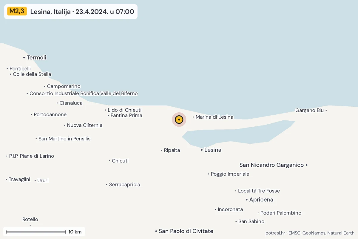 Karta: okolica epicentra, 60 km, potres M2,3, Lesina, Italija, 23.4.2024.