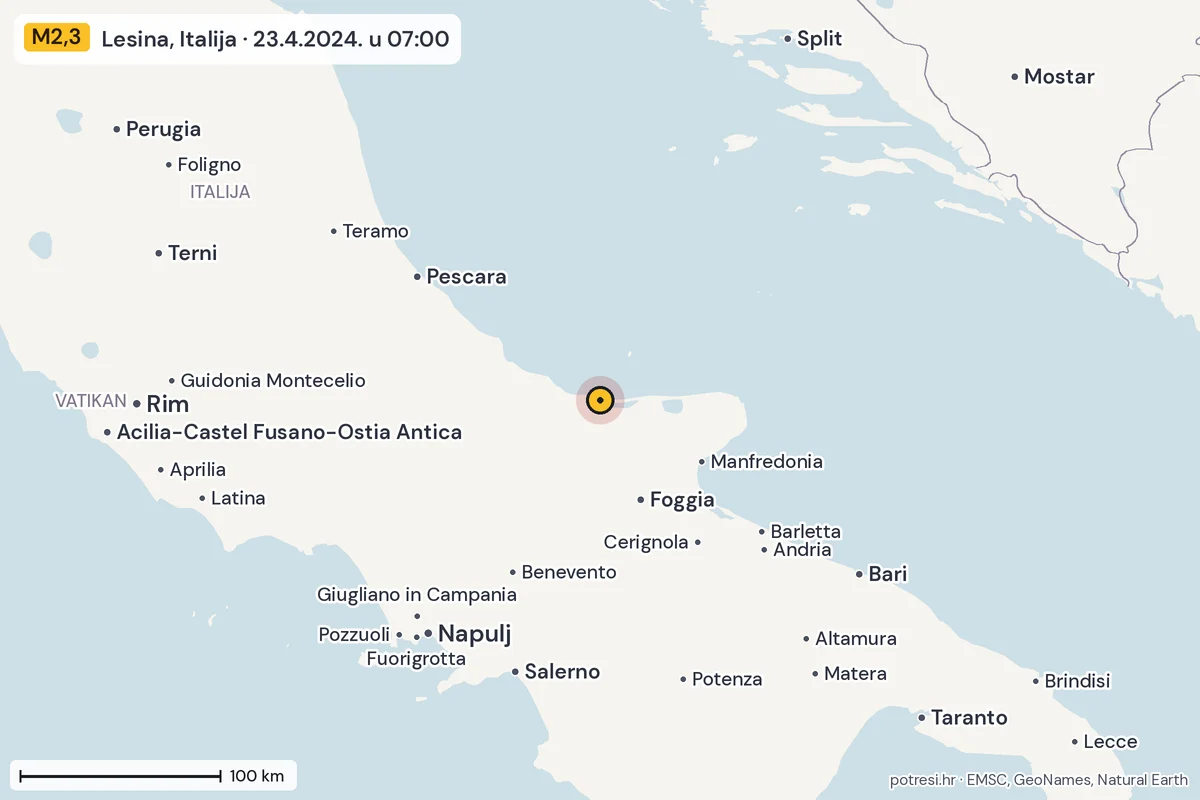 Karta: šire područje, 600 km, potres M2,3, Lesina, Italija, 23.4.2024.