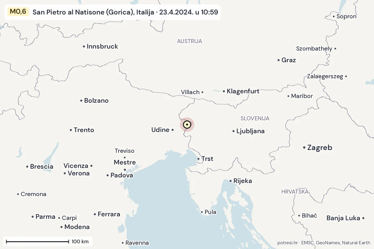 Karta: šire područje, 600 km, potres M0,6, San Pietro al Natisone (Gorica), Italija, 23.4.2024.
