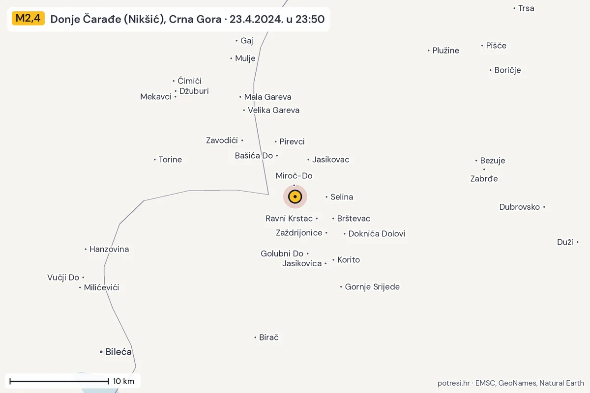 Karta: okolica epicentra, 60 km, potres M2,4, Donje Čarađe (Nikšić), Crna Gora, 23.4.2024.