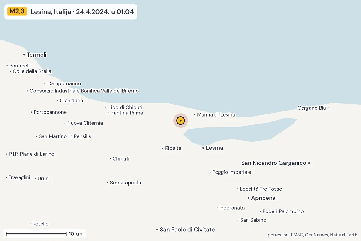 Karta: okolica epicentra, 60 km, potres M2,3, Lesina, Italija, 24.4.2024.