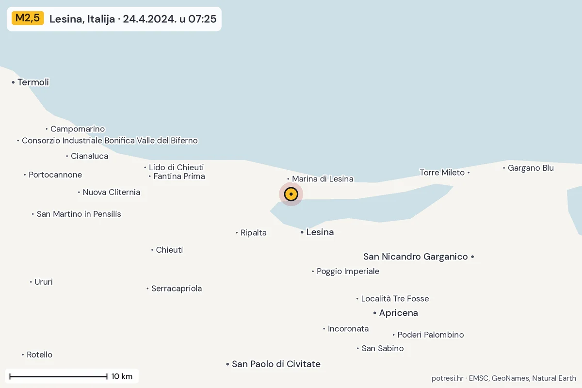Karta: okolica epicentra, 60 km, potres M2,5, Lesina, Italija, 24.4.2024.