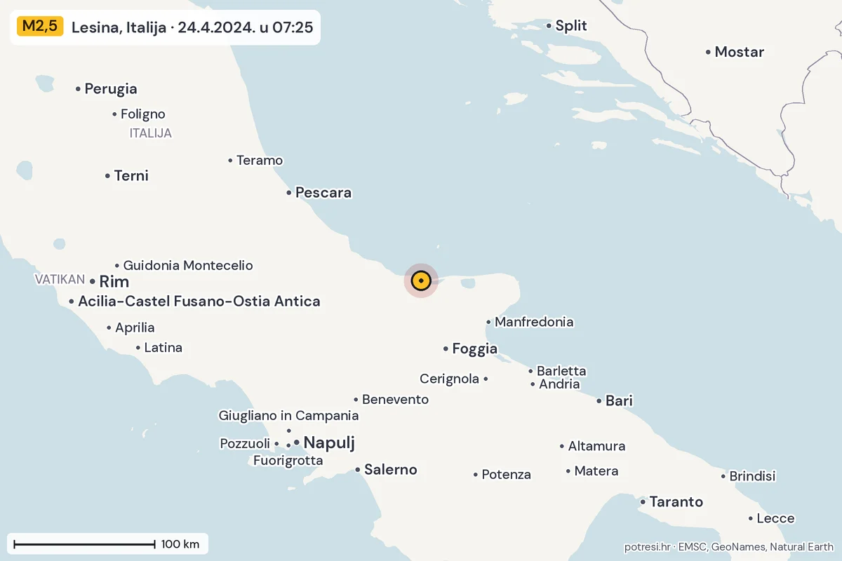 Karta: šire područje, 600 km, potres M2,5, Lesina, Italija, 24.4.2024.