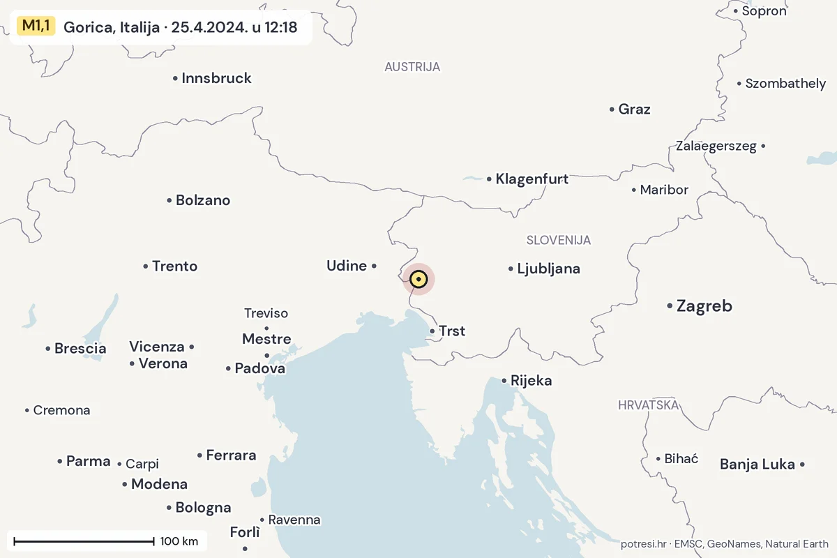 Karta: šire područje, 600 km, potres M1,1, Gorica, Italija, 25.4.2024.