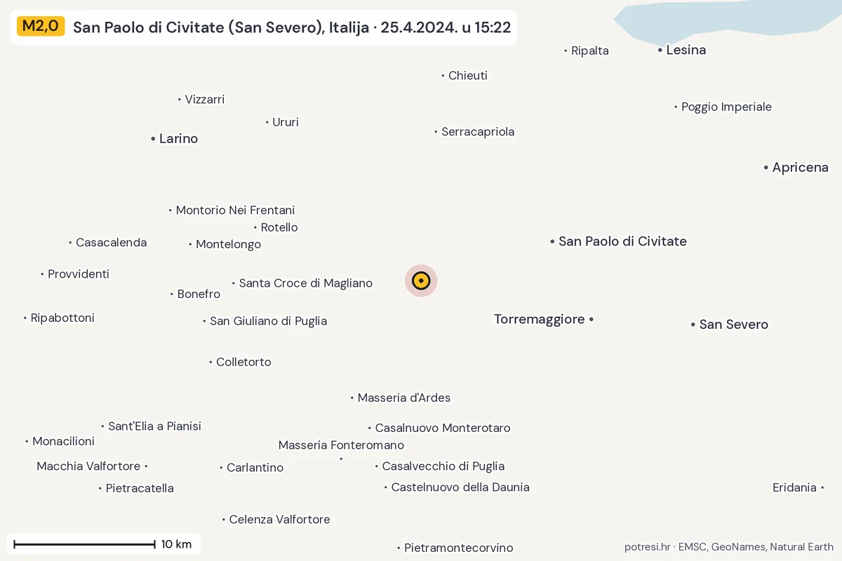Karta: okolica epicentra, 60 km, potres M2,0, San Paolo di Civitate (San Severo), Italija, 25.4.2024.