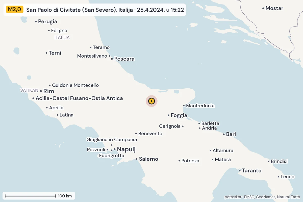 Karta: šire područje, 600 km, potres M2,0, San Paolo di Civitate (San Severo), Italija, 25.4.2024.