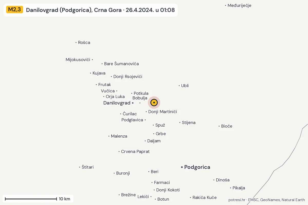 Karta: okolica epicentra, 60 km, potres M2,3, Danilovgrad (Podgorica), Crna Gora, 26.4.2024.