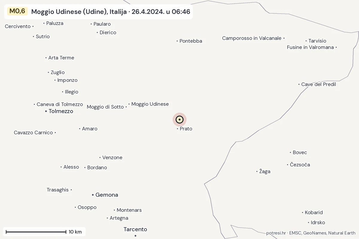 Karta: okolica epicentra, 60 km, potres M0,6, Moggio Udinese (Udine), Italija, 26.4.2024.