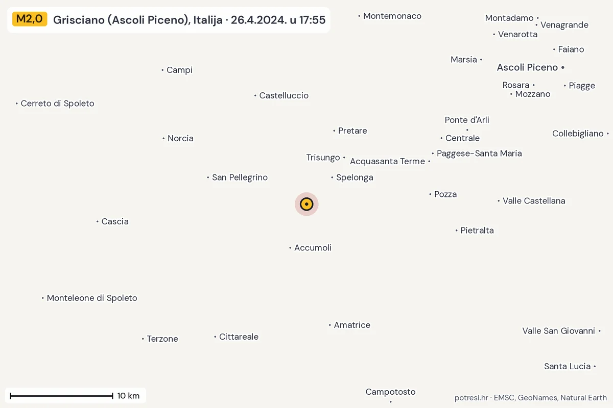 Karta: okolica epicentra, 60 km, potres M2,0, Grisciano (Ascoli Piceno), Italija, 26.4.2024.