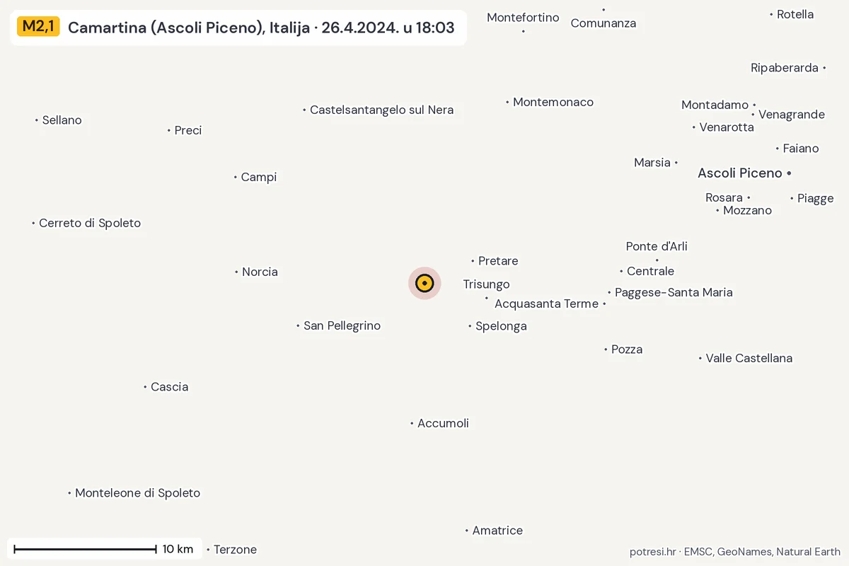 Karta: okolica epicentra, 60 km, potres M2,1, Camartina (Ascoli Piceno), Italija, 26.4.2024.