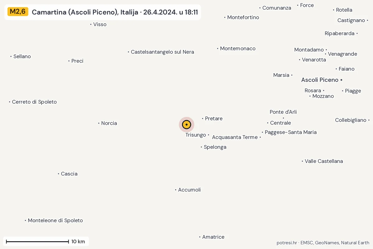 Karta: okolica epicentra, 60 km, potres M2,6, Camartina (Ascoli Piceno), Italija, 26.4.2024.