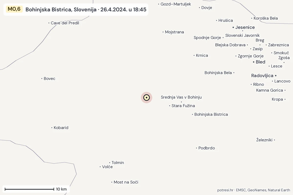 Karta: okolica epicentra, 60 km, potres M0,6, Bohinjska Bistrica, Slovenija, 26.4.2024.