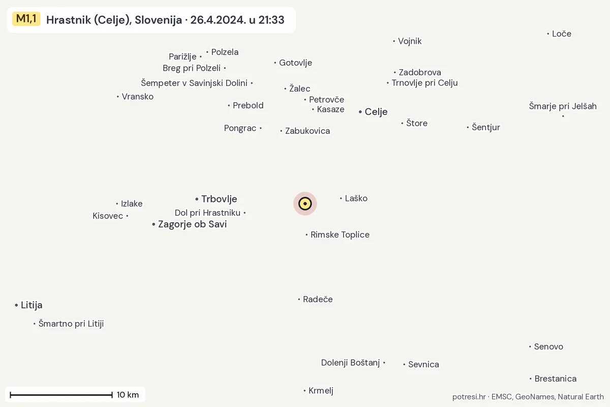 Karta: okolica epicentra, 60 km, potres M1,1, Hrastnik (Celje), Slovenija, 26.4.2024.