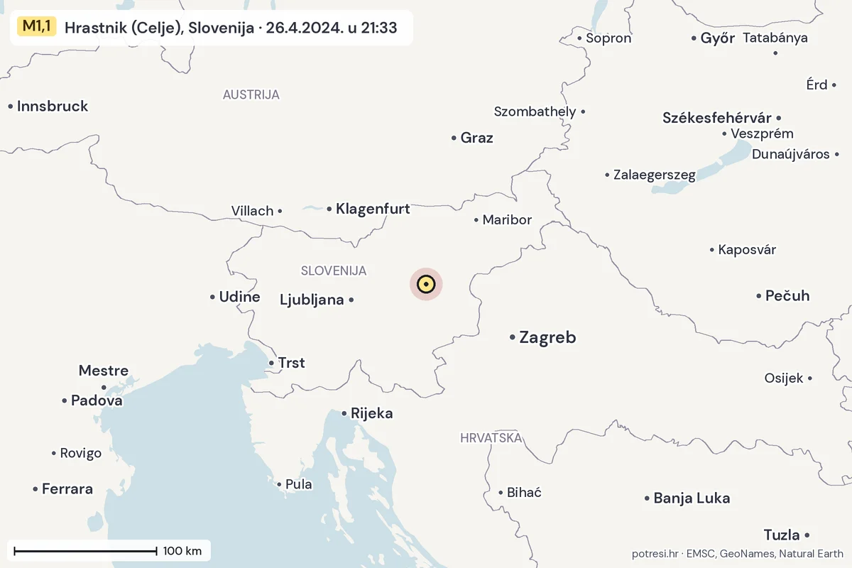 Karta: šire područje, 600 km, potres M1,1, Hrastnik (Celje), Slovenija, 26.4.2024.