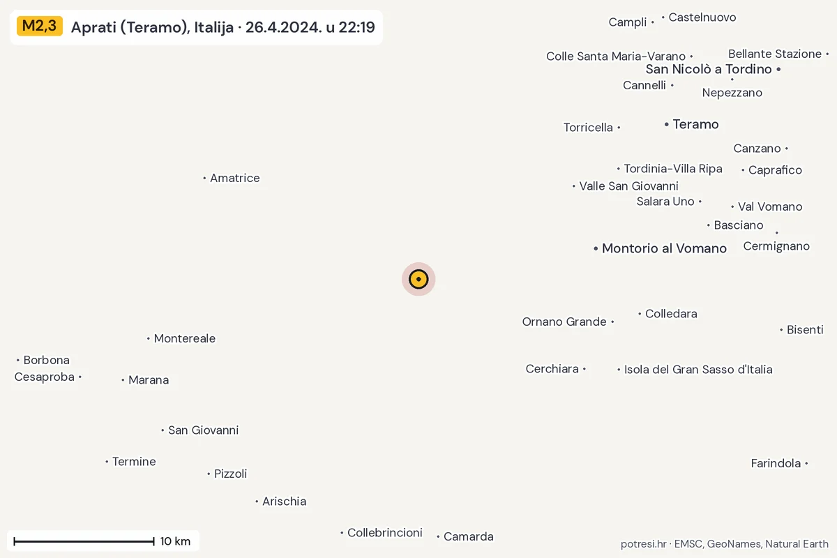 Karta: okolica epicentra, 60 km, potres M2,3, Aprati (Teramo), Italija, 26.4.2024.