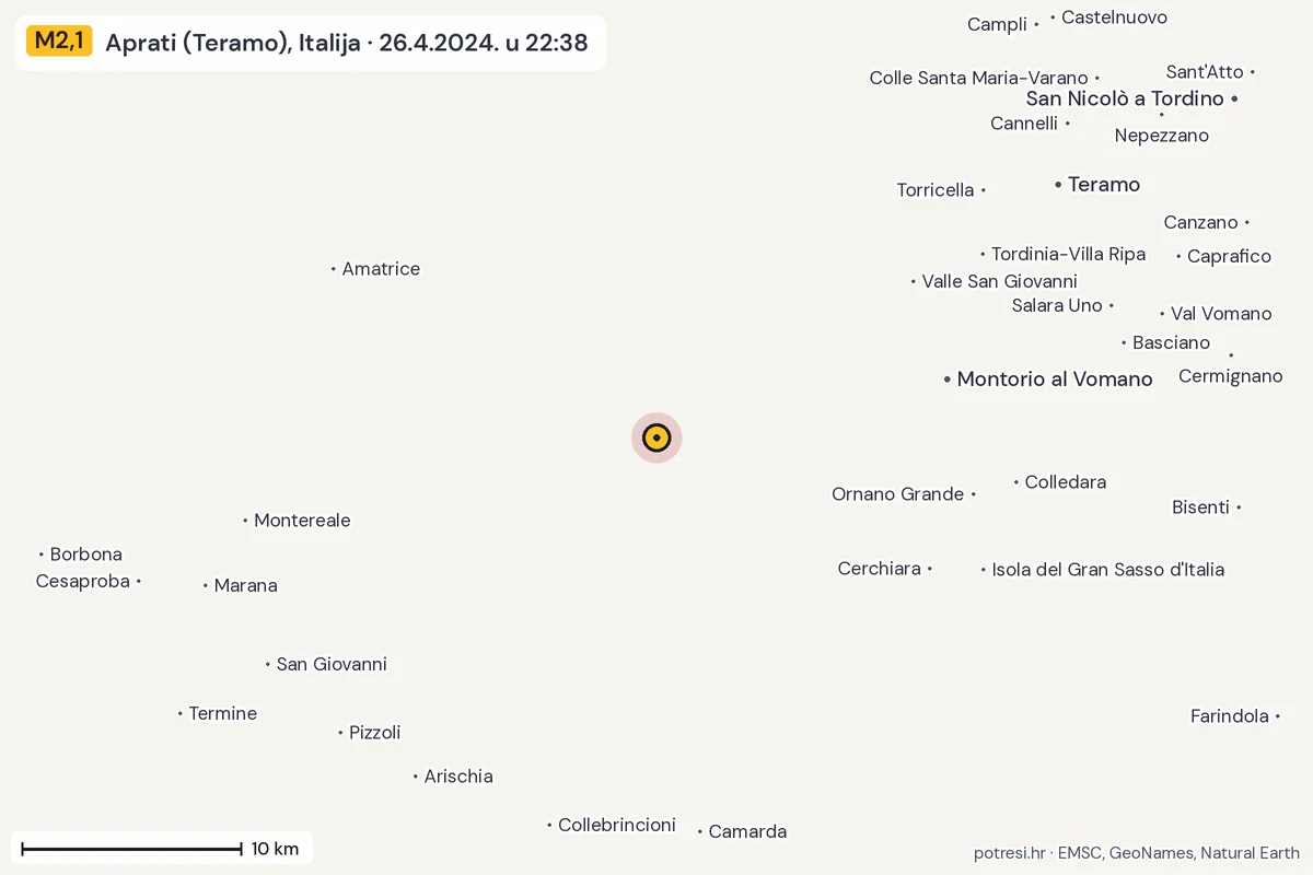 Karta: okolica epicentra, 60 km, potres M2,1, Aprati (Teramo), Italija, 26.4.2024.