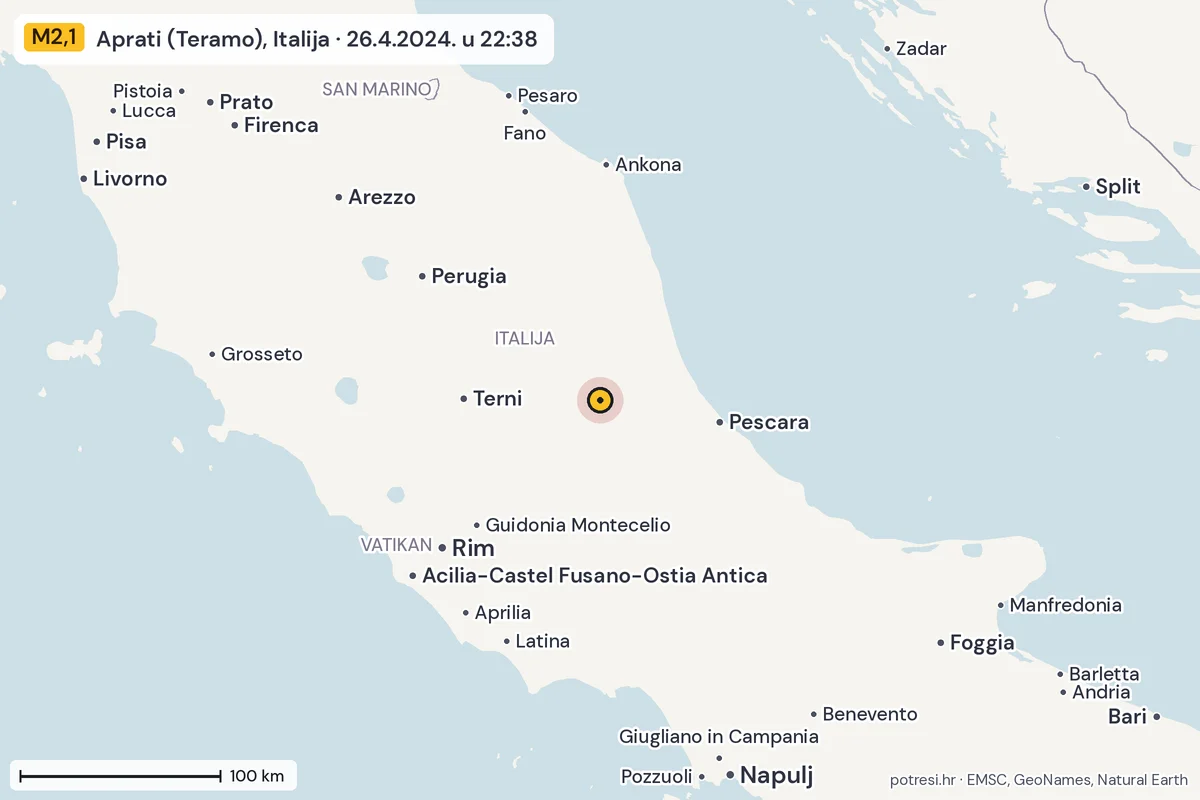Karta: šire područje, 600 km, potres M2,1, Aprati (Teramo), Italija, 26.4.2024.