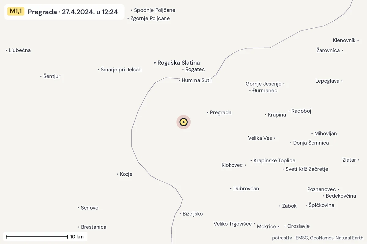 Karta: okolica epicentra, 60 km, potres M1,1, Pregrada, 27.4.2024.