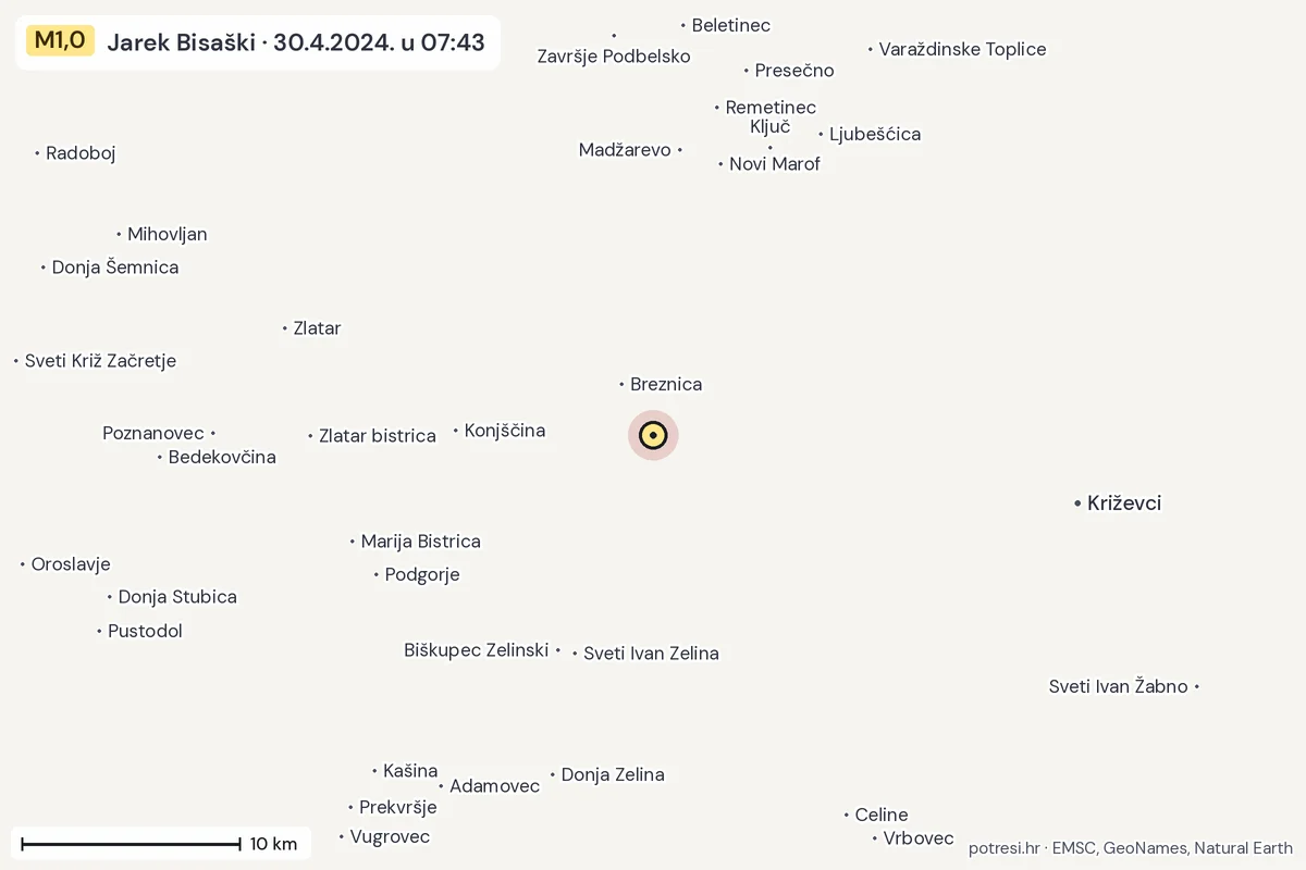 Karta: okolica epicentra, 60 km, potres M1,0, Jarek Bisaški, 30.4.2024.