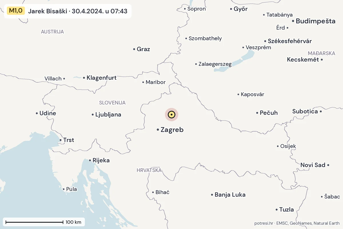 Karta: šire područje, 600 km, potres M1,0, Jarek Bisaški, 30.4.2024.