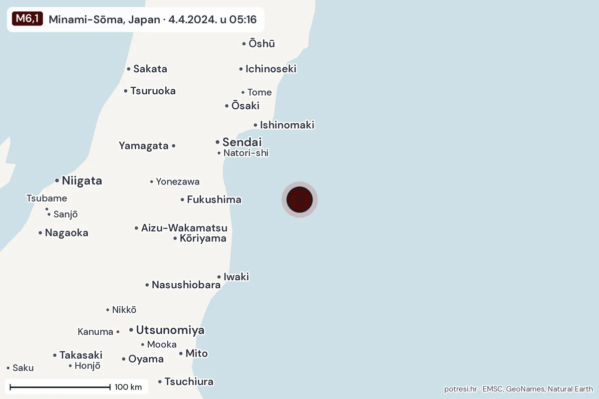 Karta: šire područje, 600 km, potres M6,1, Minami-Sōma, Japan, 4.4.2024.