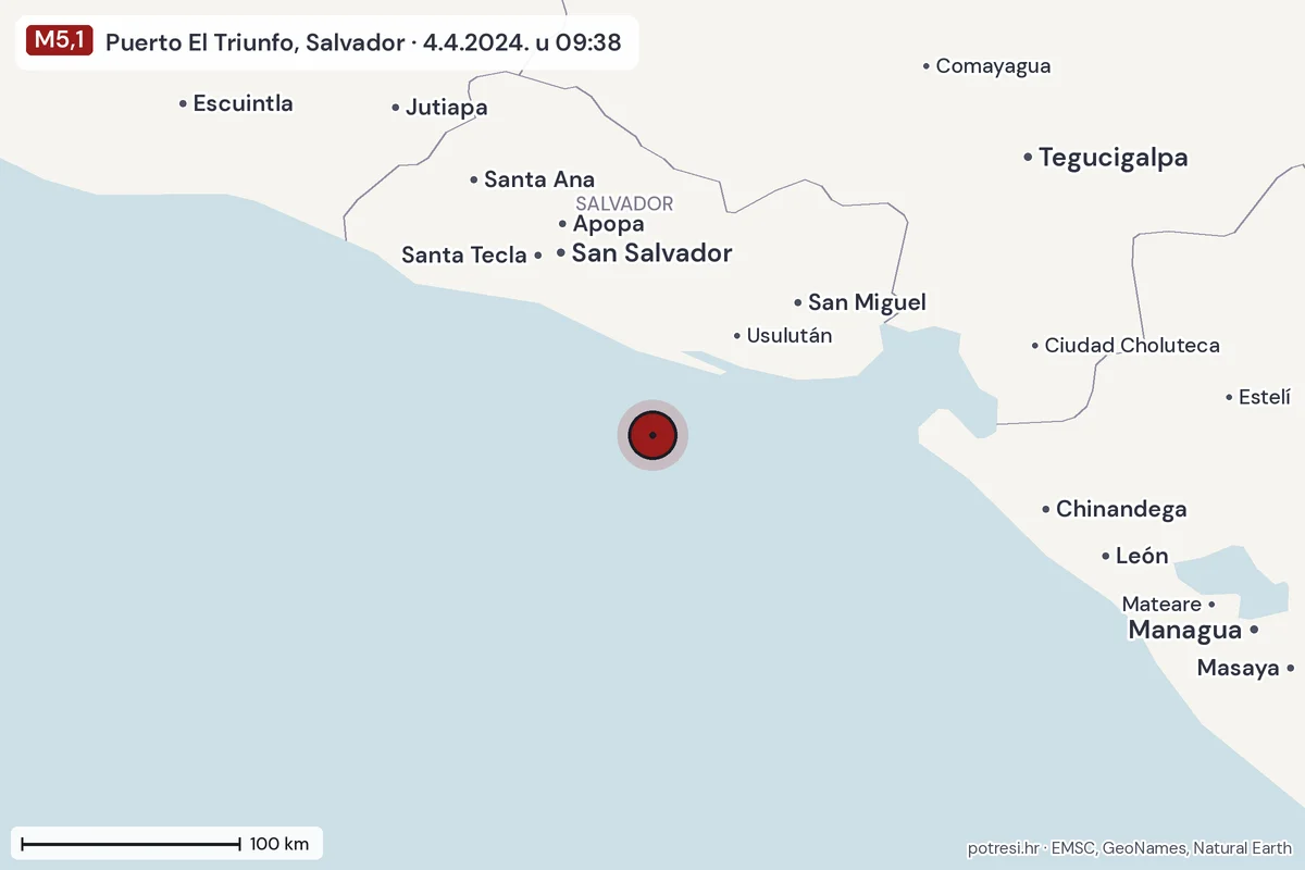 Karta: šire područje, 600 km, potres M5,1, Puerto El Triunfo, Salvador, 4.4.2024.
