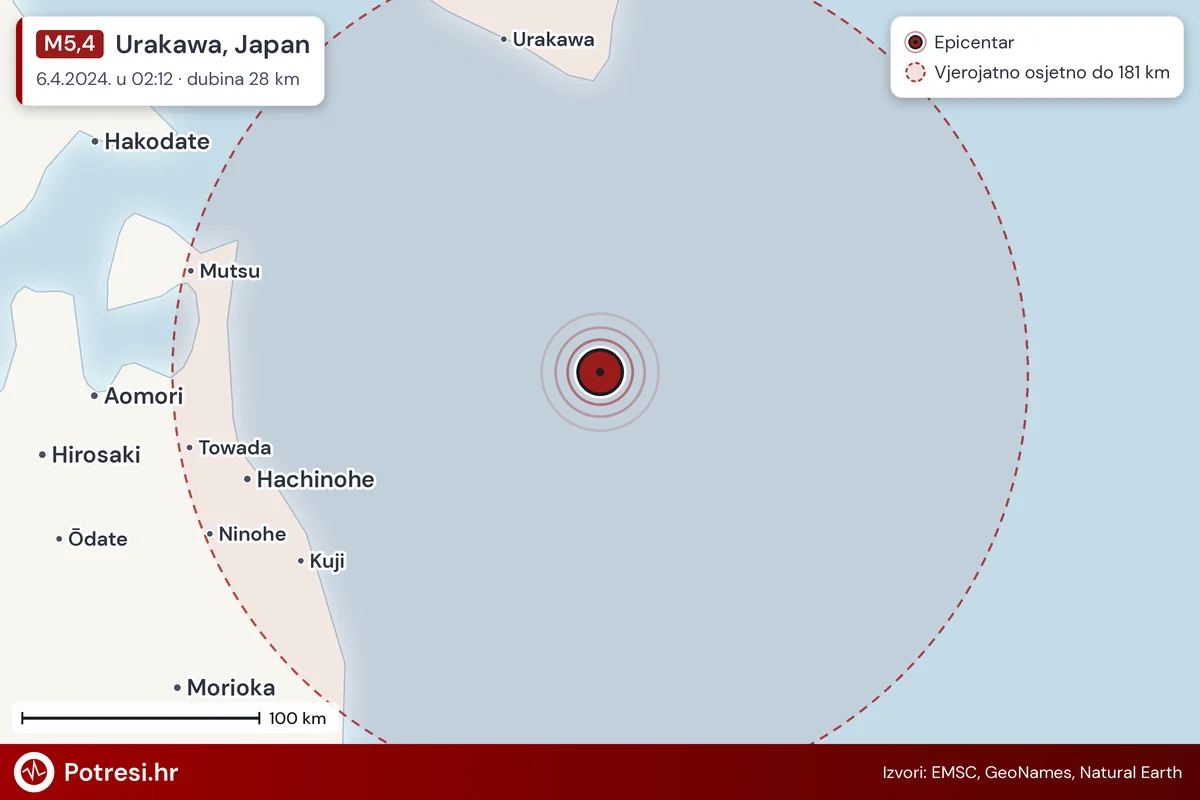 Karta: šire područje i vjerojatni doseg osjeta, potres M5,4, Urakawa, Japan, 6.4.2024.