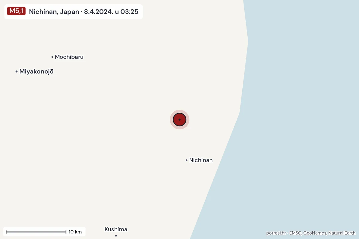 Karta: okolica epicentra, 60 km, potres M5,1, Nichinan, Japan, 8.4.2024.