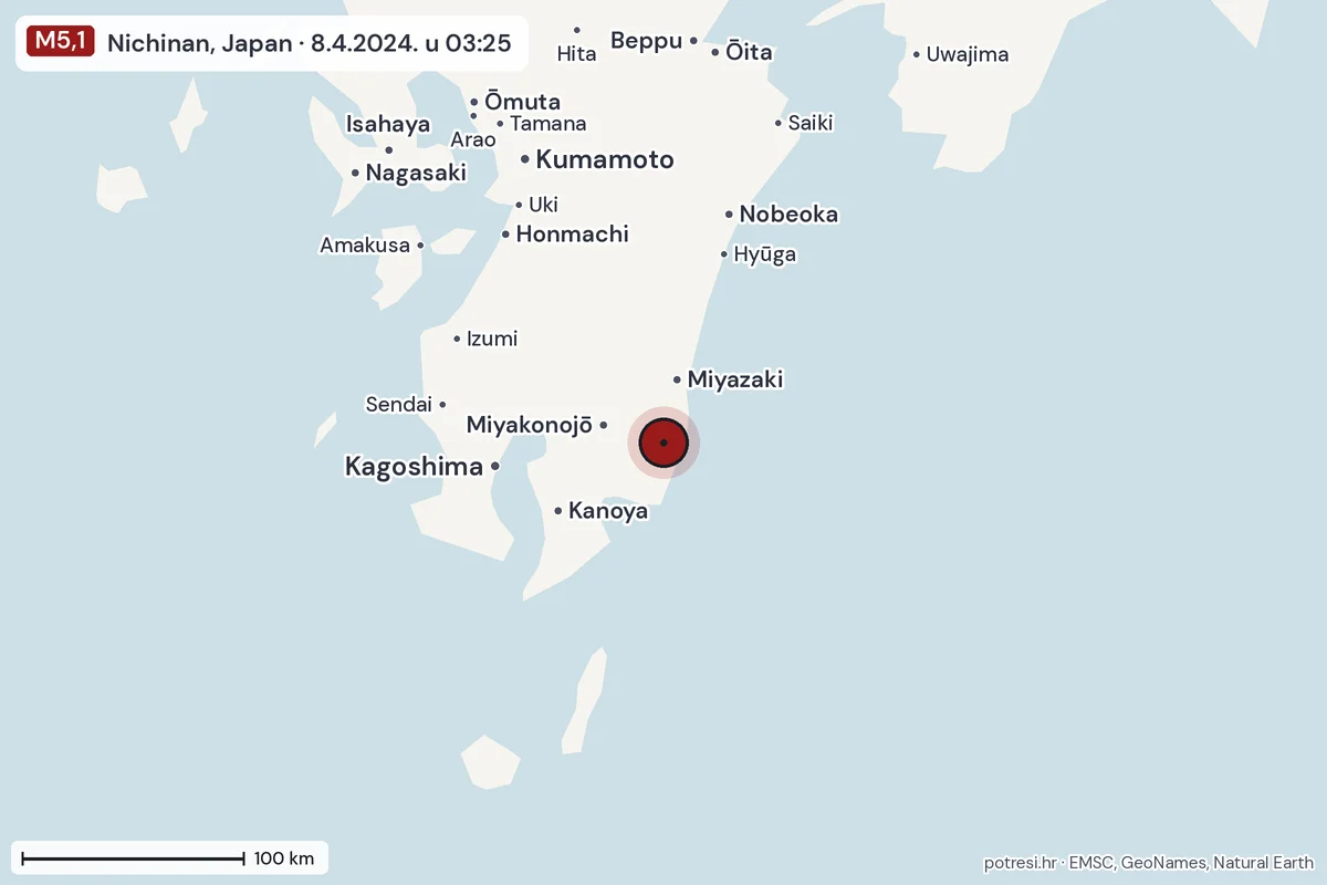 Karta: šire područje, 600 km, potres M5,1, Nichinan, Japan, 8.4.2024.