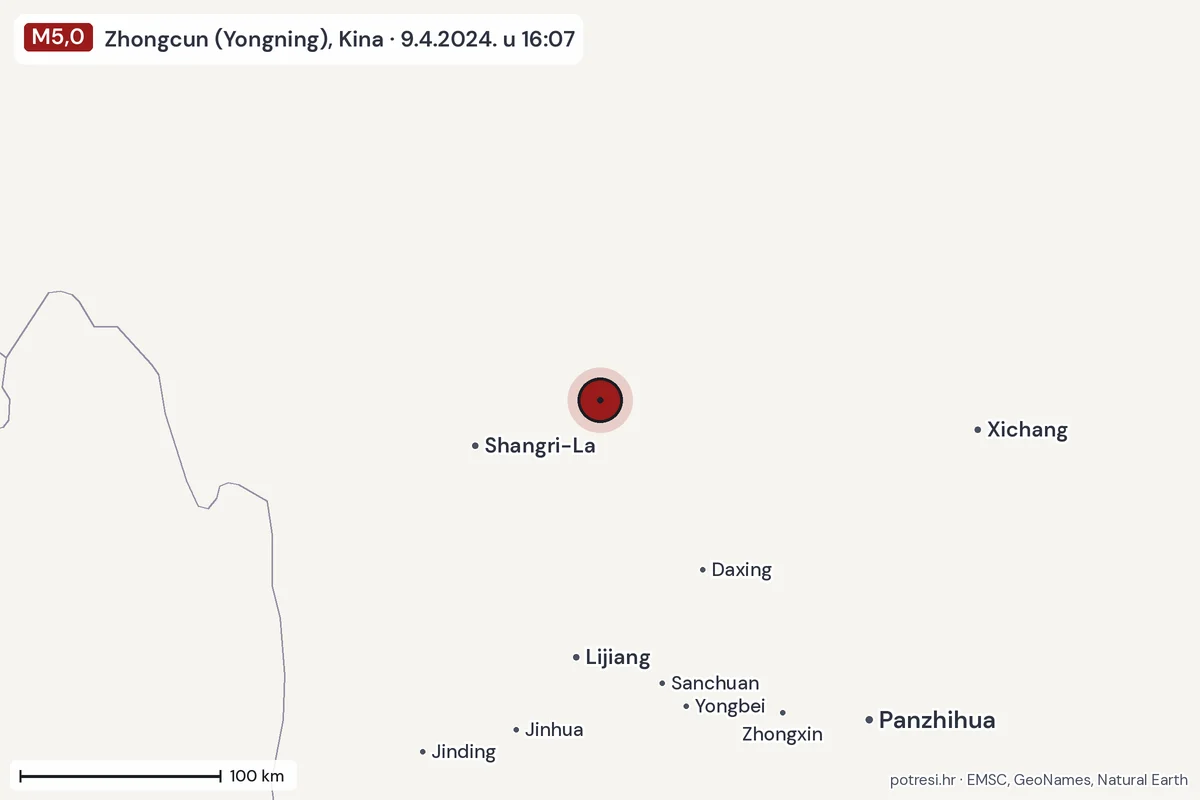Karta: šire područje, 600 km, potres M5,0, Zhongcun (Yongning), Kina, 9.4.2024.