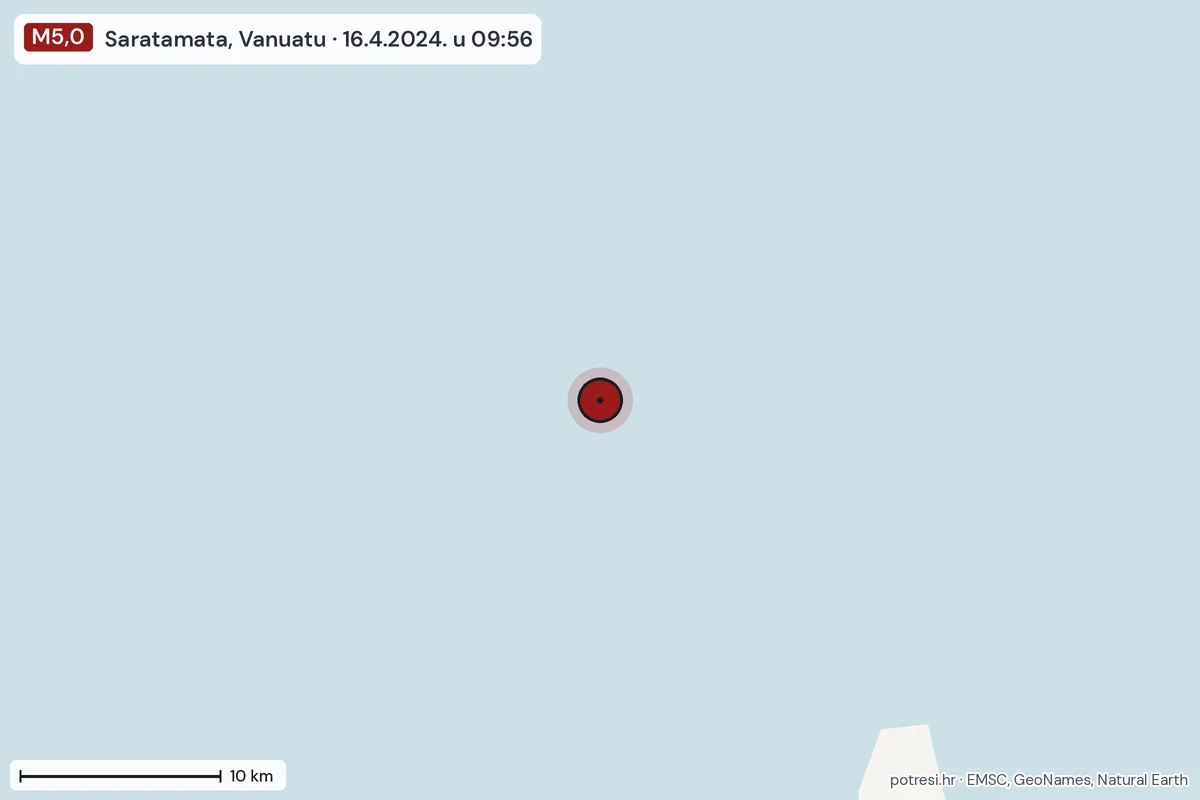 Karta: okolica epicentra, 60 km, potres M5,0, Saratamata, Vanuatu, 16.4.2024.