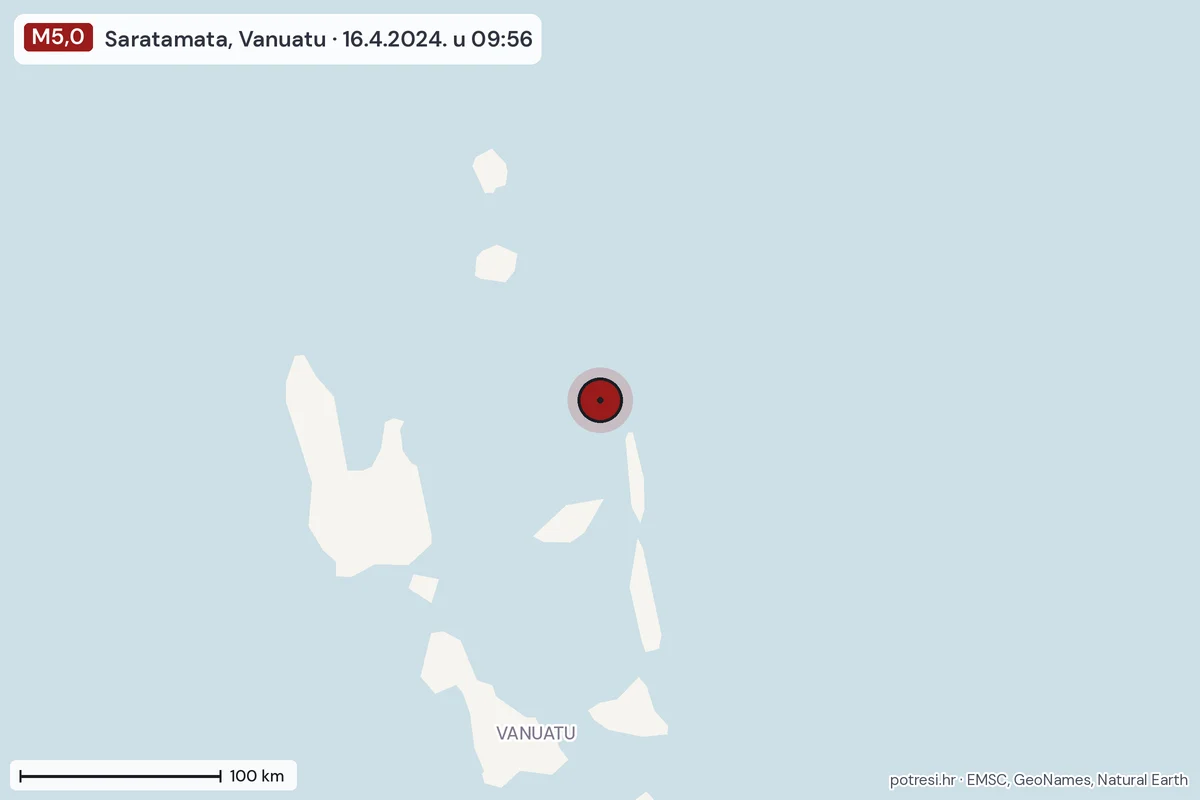 Karta: šire područje, 600 km, potres M5,0, Saratamata, Vanuatu, 16.4.2024.