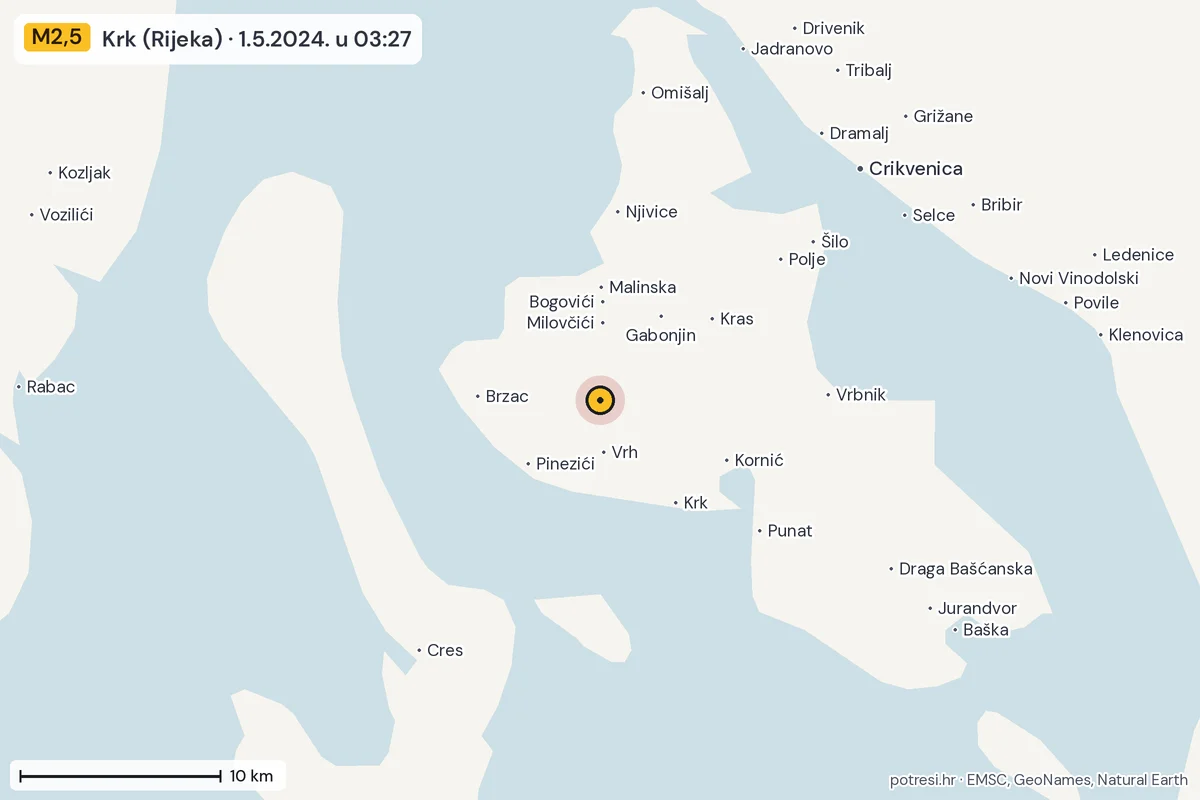 Karta: okolica epicentra, 60 km, potres M2,5, Krk (Rijeka), 1.5.2024.