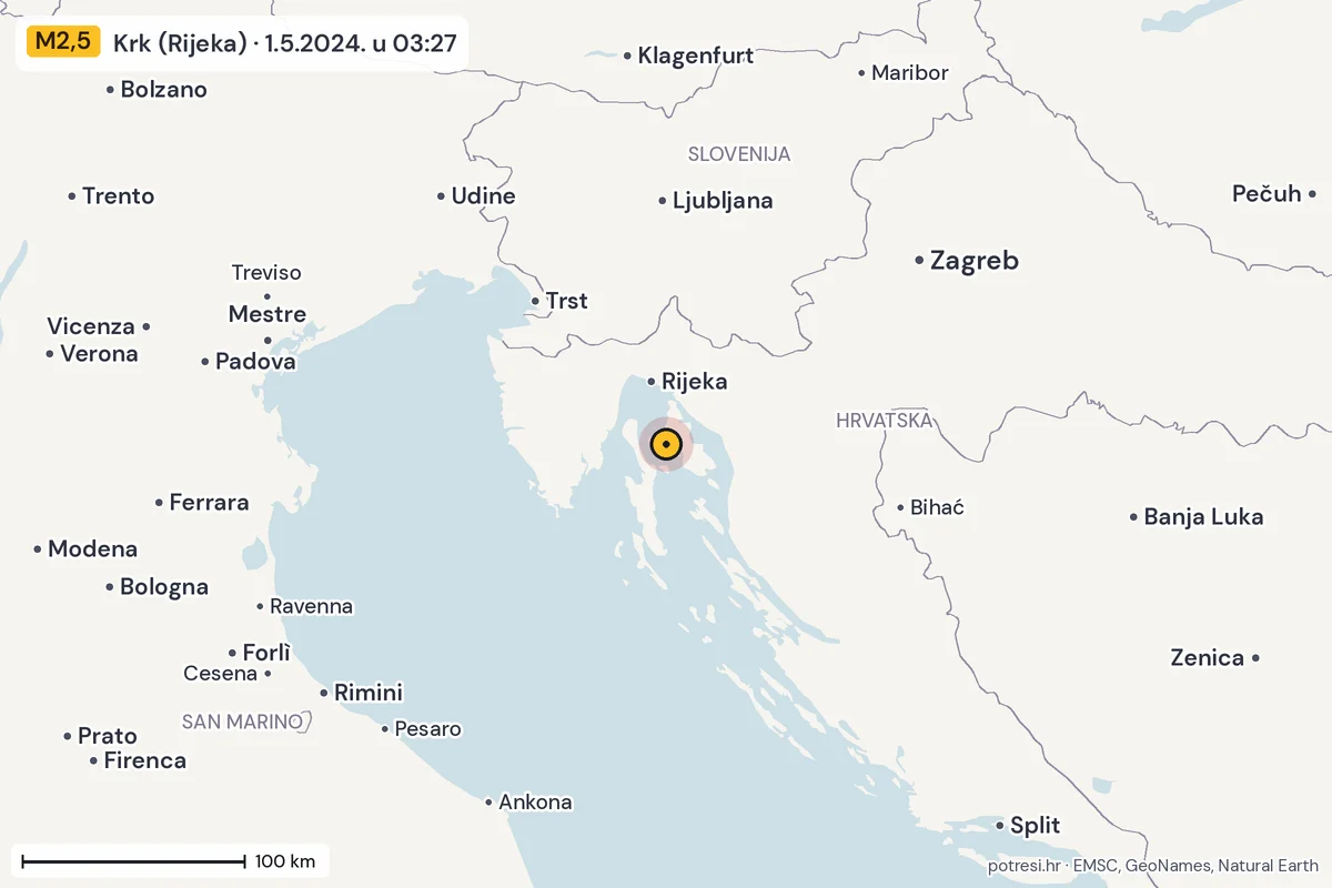 Karta: šire područje, 600 km, potres M2,5, Krk (Rijeka), 1.5.2024.