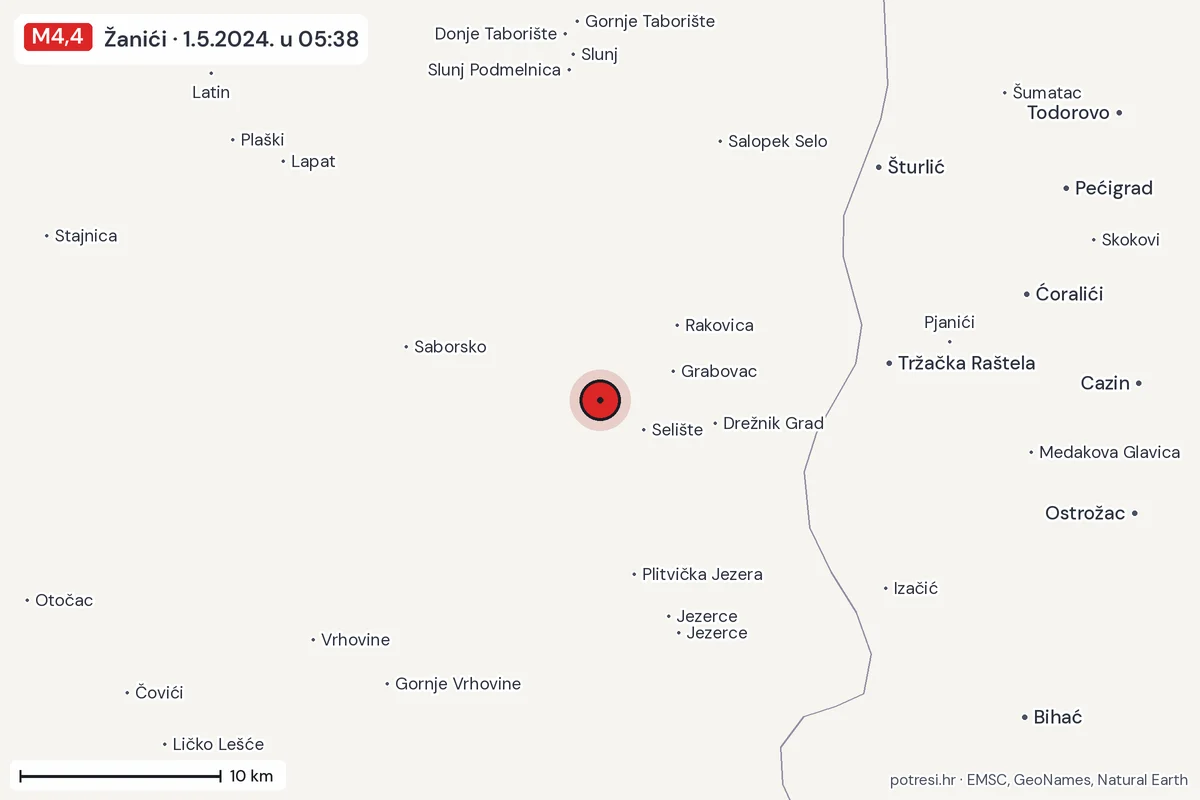 Karta: okolica epicentra, 60 km, potres M4,4, Žanići, 1.5.2024.