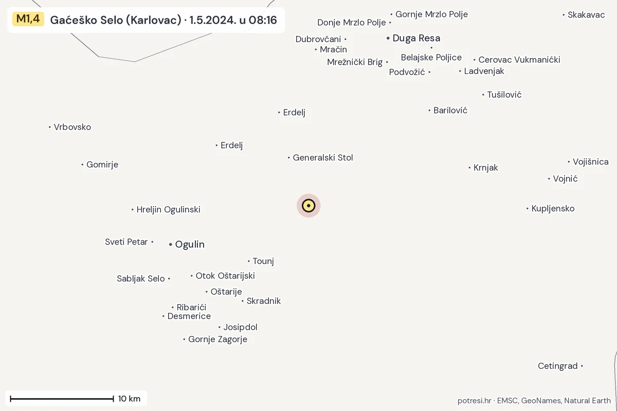 Karta: okolica epicentra, 60 km, potres M1,4, Gaćeško Selo (Karlovac), 1.5.2024.